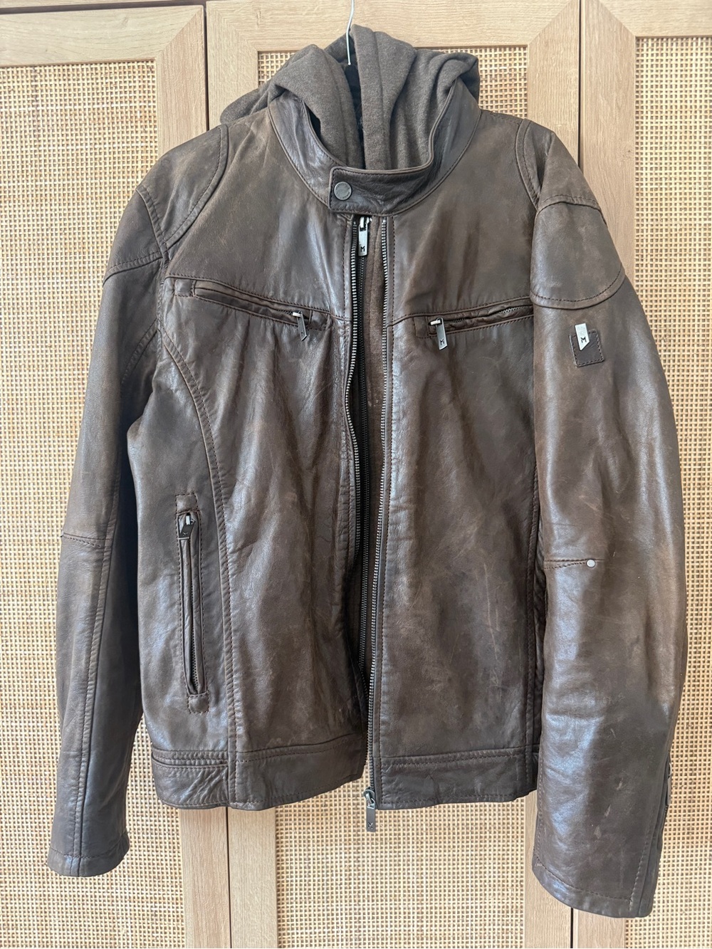 Men's Dark Brown Leather Hooded Performance Jacket